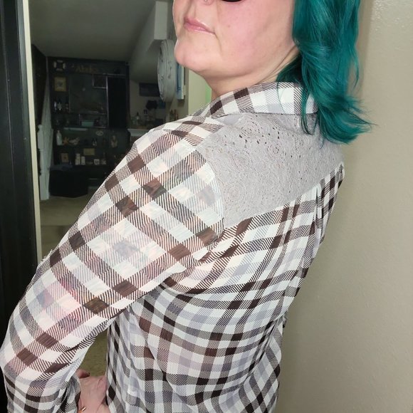 Band of Gypsies Sheer Button Down Long Sleeve Shirt Size Small Lace Back - Picture 3 of 12